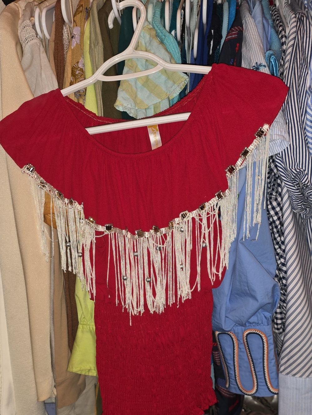 Red Fringe Boho Off-Shoulder Top